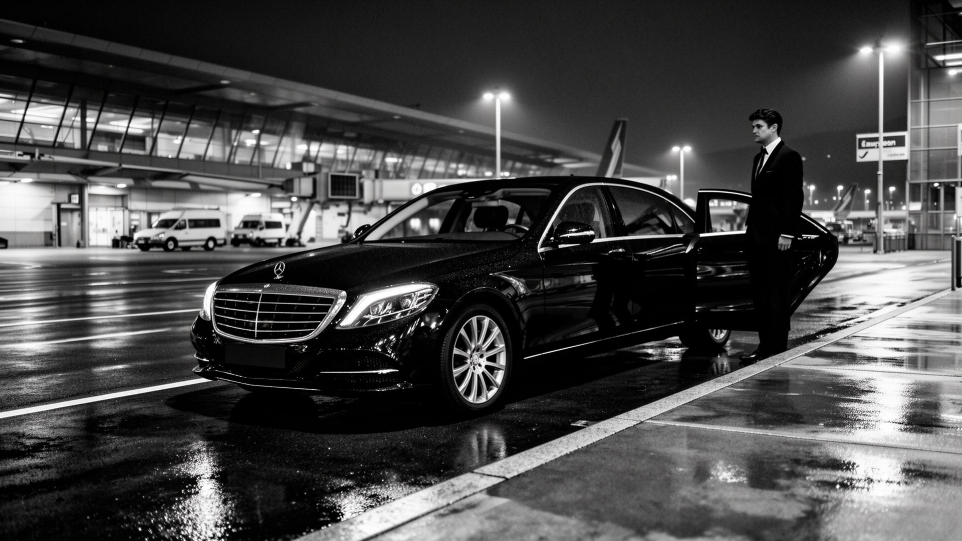 Mercedes-Benz S-Class chauffeur waiting at Zurich Airport arrivals at night